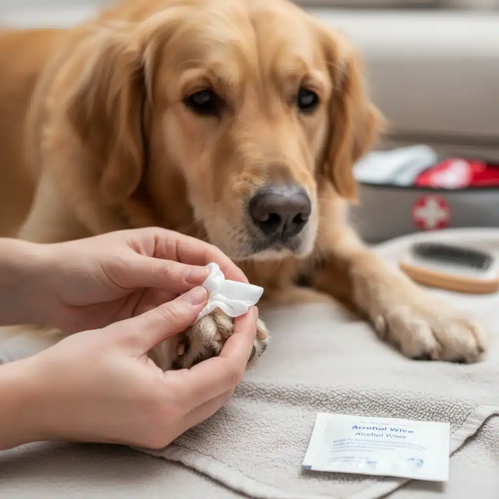 Person applying antiseptic to dog's paw injury