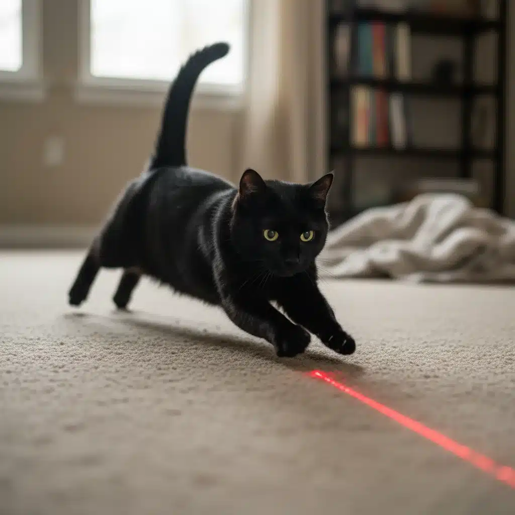 Black cat chasing red laser pointer dot on floor