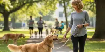 Relaxed golden retriever walking calmly on leash with owner in park