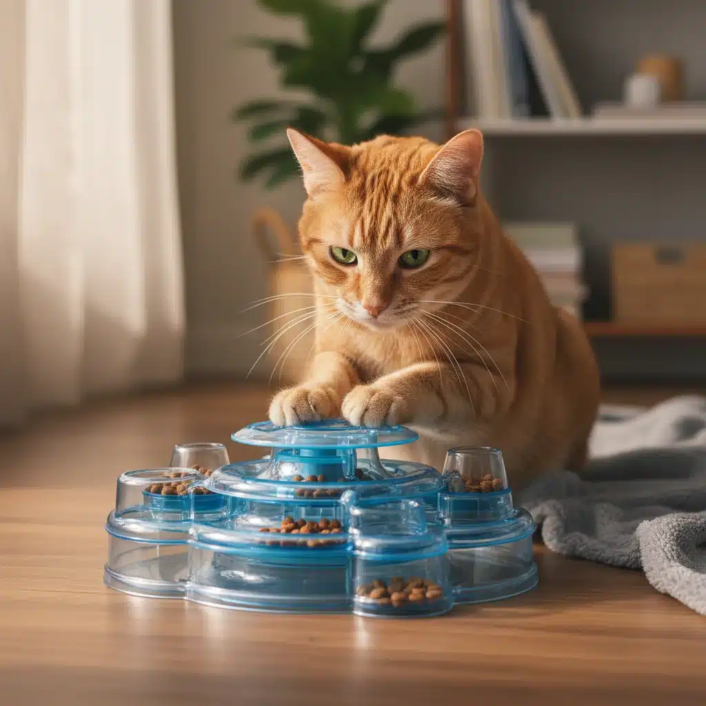 Curious cat engaged with a challenging food puzzle toy