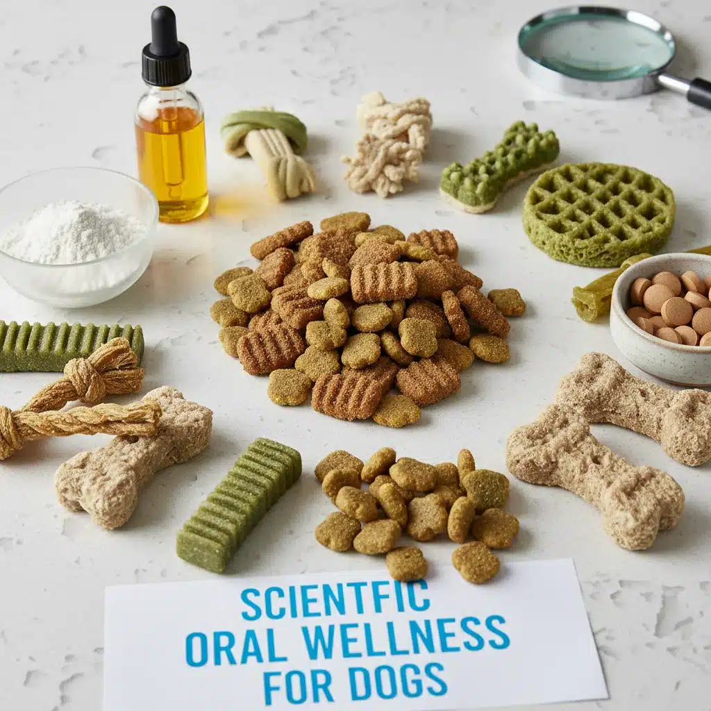 Assortment of dental dog chews, specialized kibble, and nutritional supplements for plaque reduction.