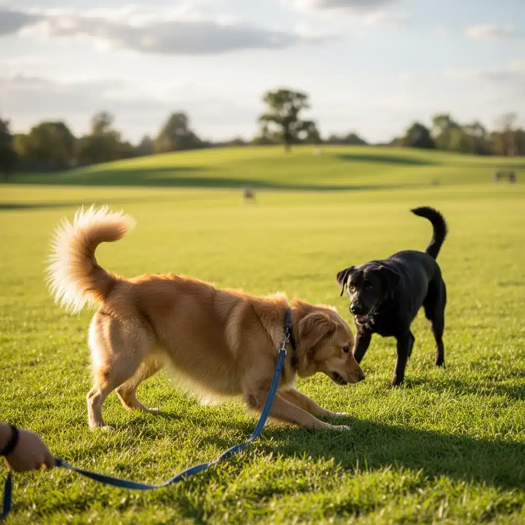 Two dogs engaging in a playful bow, signaling an invitation to play