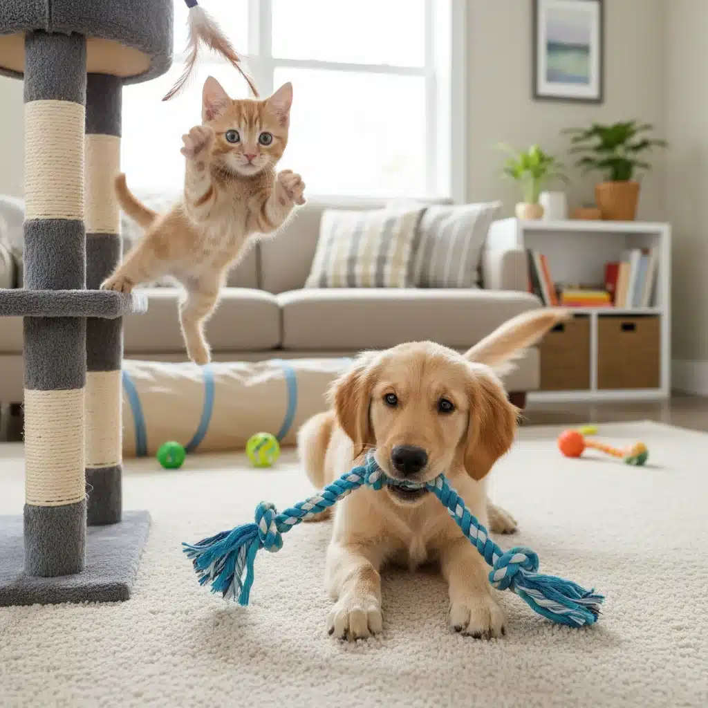 Energetic kitten and puppy playing with toys