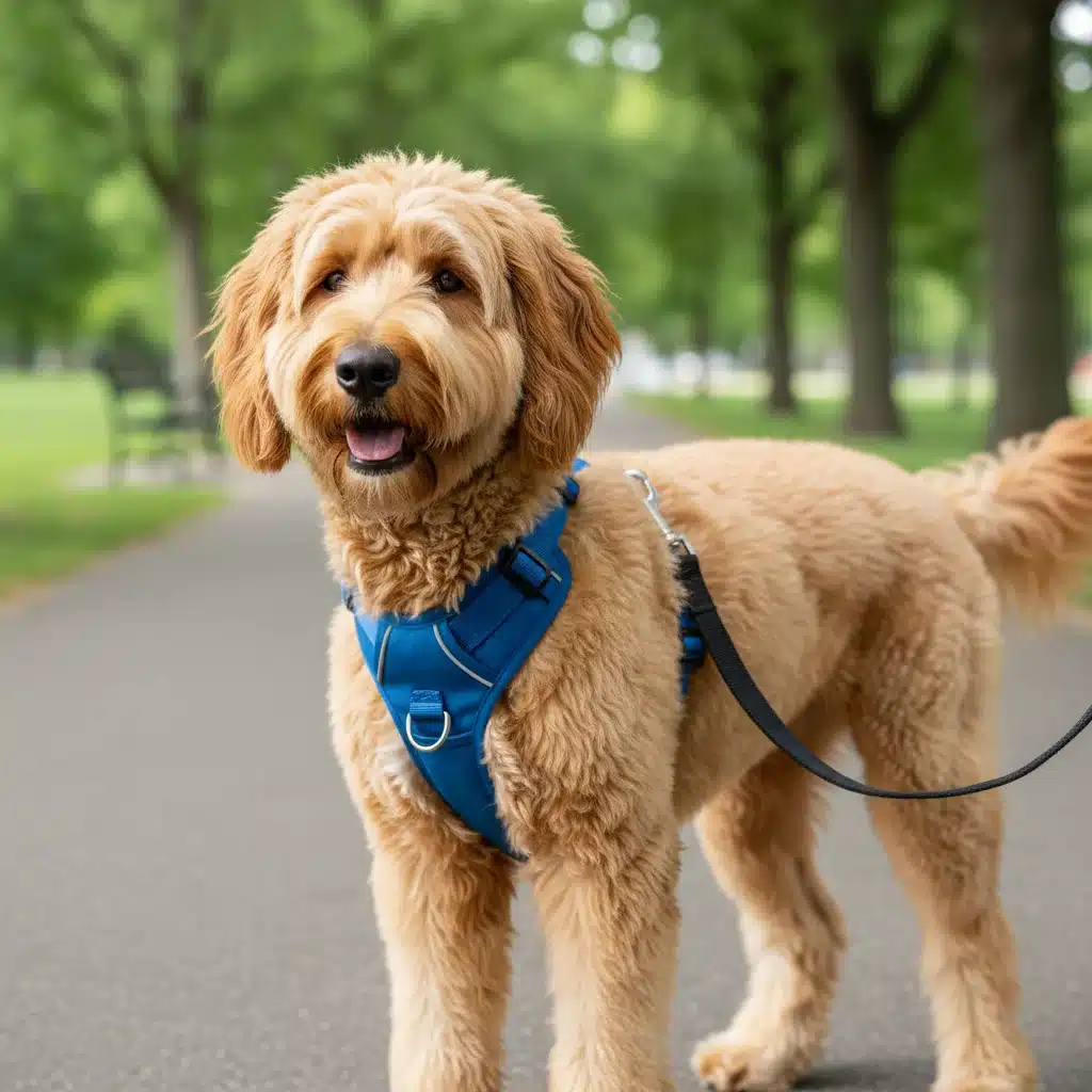 Dog wearing front-clip harness for leash control