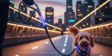 Futuristic pet leash with LED lights and ergonomic grip on an urban walk.