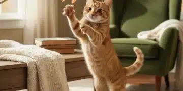 Ginger cat playing with feather wand toy indoors