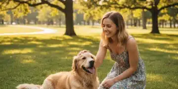 Happy golden retriever interacting with owner in park, showing positive body language