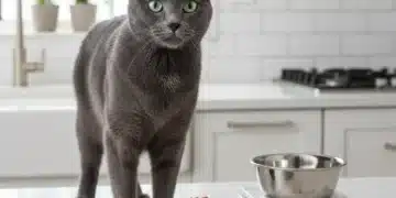 Healthy cat next to portioned food bowl, emphasizing feline weight management and calorie control.