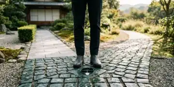 A person stands at a diverging path of green cobblestones, symbolizing choice between structured and flexible pet routines, with a pet collar at the junction.