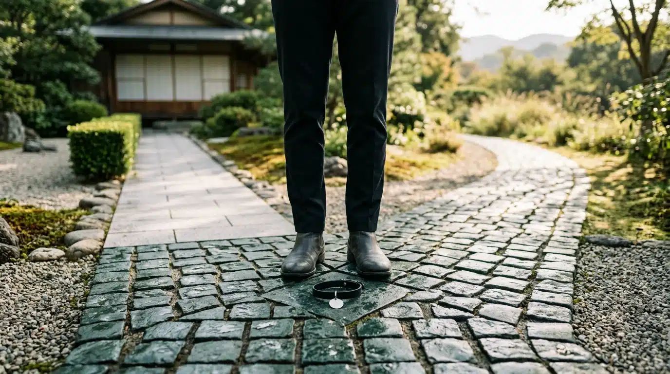 A person stands at a diverging path of green cobblestones, symbolizing choice between structured and flexible pet routines, with a pet collar at the junction.