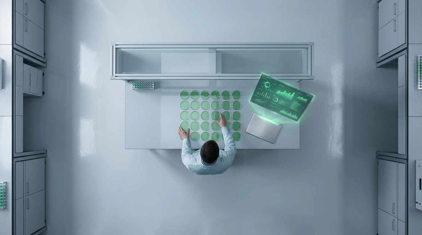 An aerial view of a scientist meticulously arranging petri dishes in a pet research lab, with a holographic data projection highlighting scientific validation in pet product development.