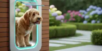 Modern smart pet door with glowing indicators and a happy dog looking through it, integrated into a home entrance.