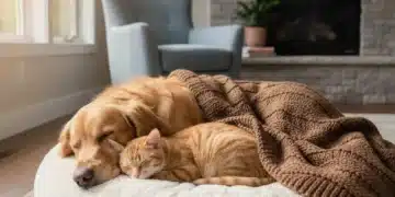 Golden retriever and tabby cat sleeping peacefully on a pet bed
