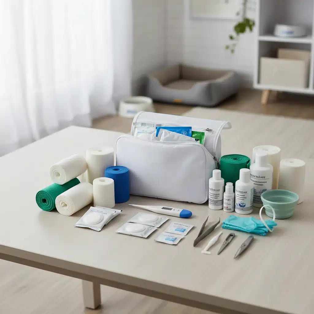 Assortment of pet first aid kit components on table