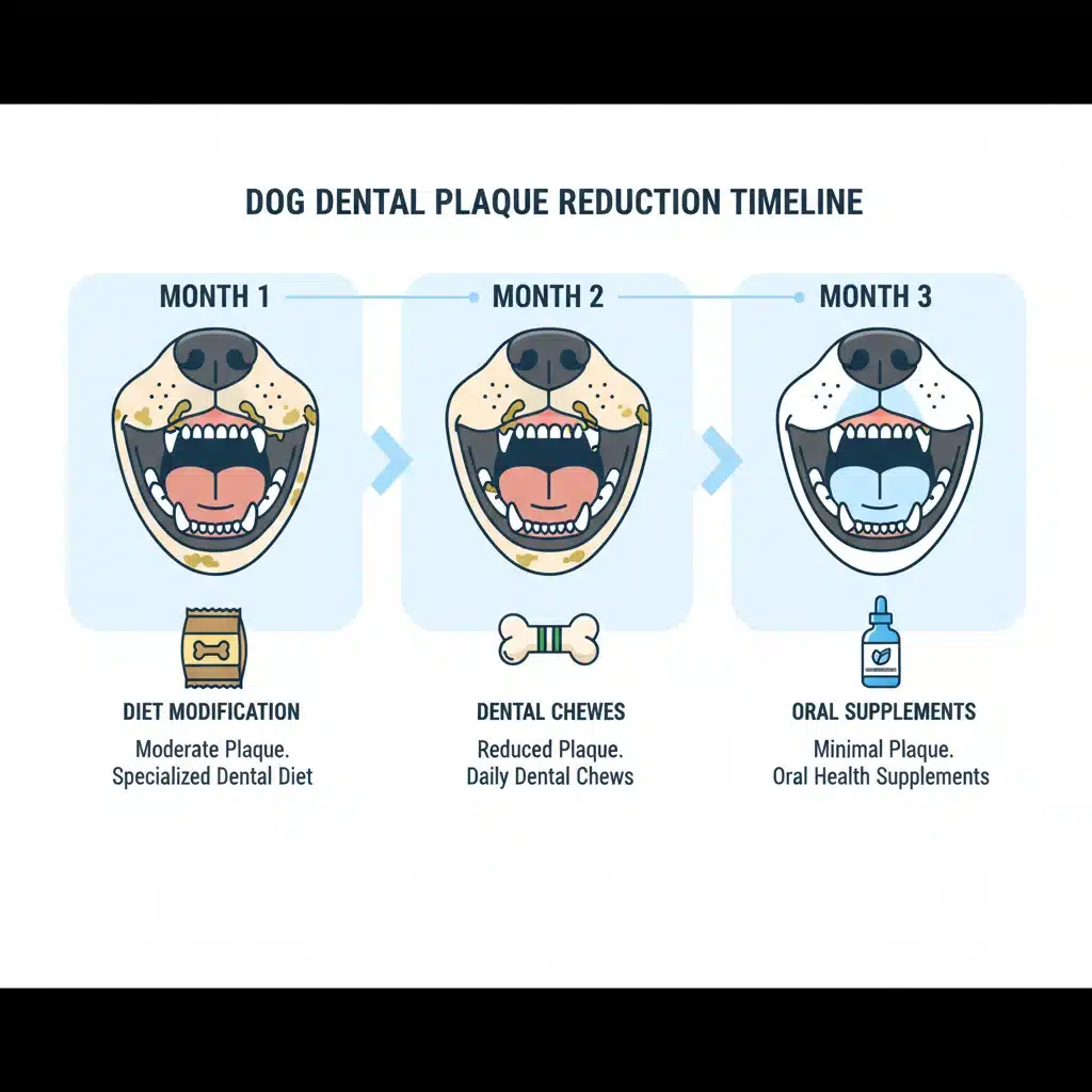 Infographic showing a 3-month timeline of canine plaque reduction with nutritional strategies.