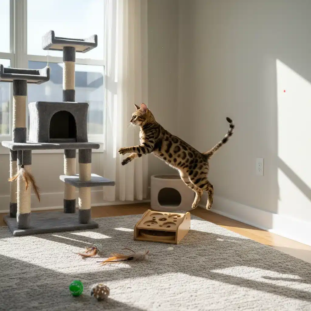 Playful cat exercising with laser pointer, showcasing active feline lifestyle and enrichment.