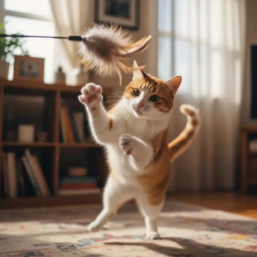 Playful cat leaping for a feather wand toy