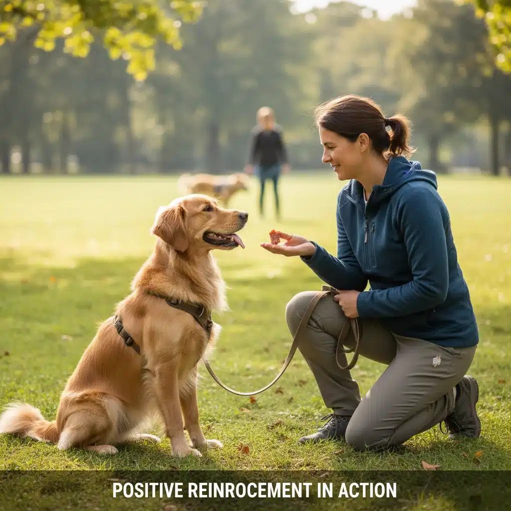 Dog receiving treat for calm focus during leash training