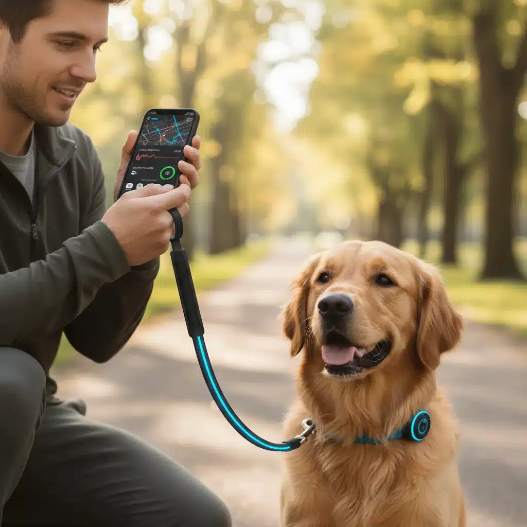 Smartphone app showing data from a smart pet leash with GPS and activity tracking.