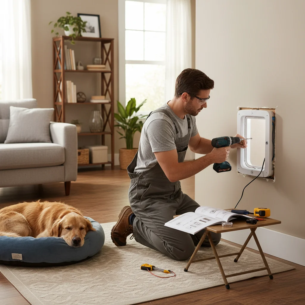 Homeowner installing a smart pet door into a wall with tools.