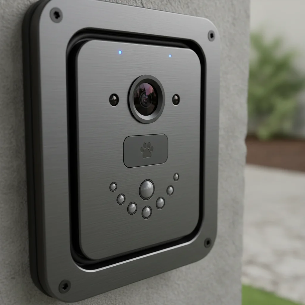 Close-up of smart pet door's camera and sensor array for pet recognition.