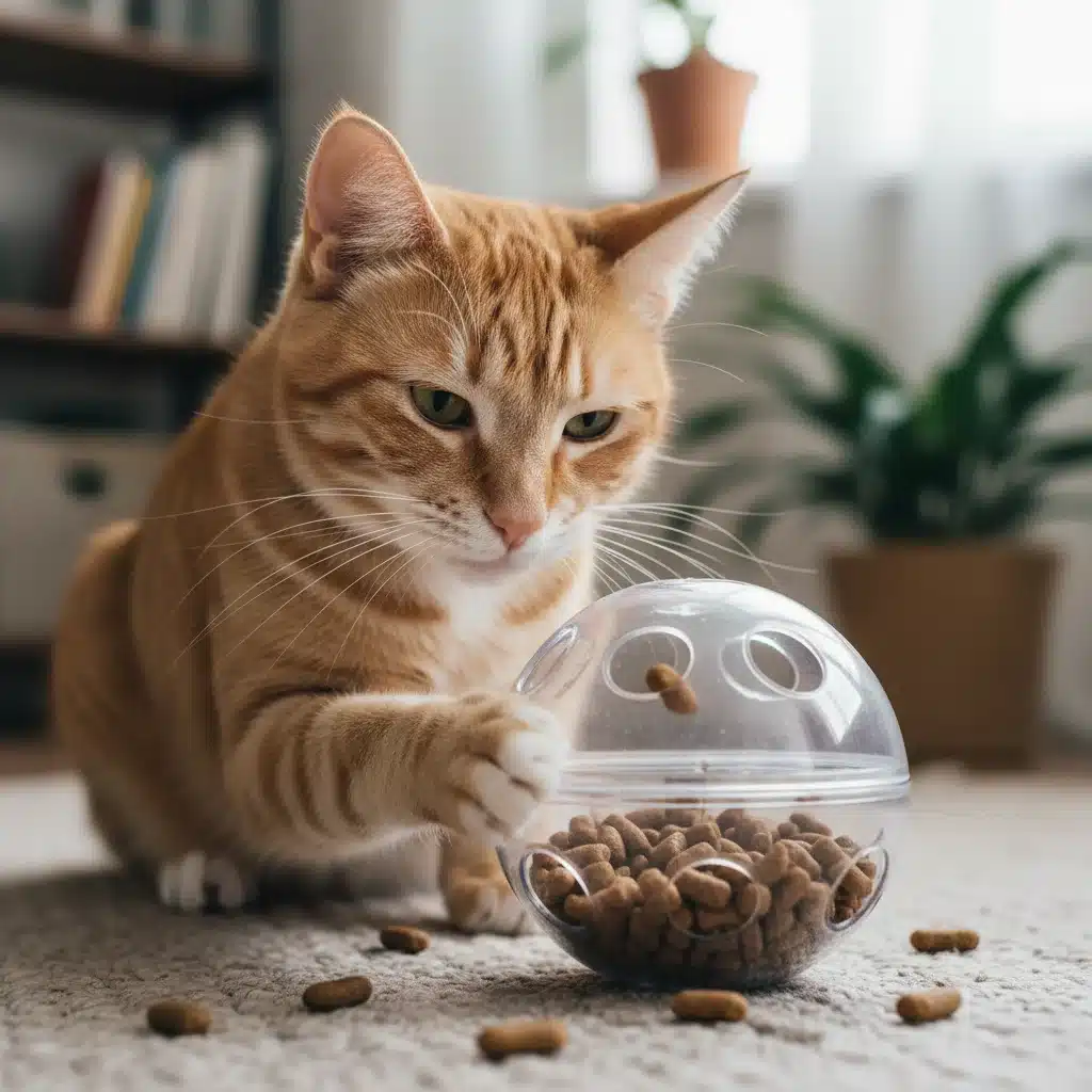 Tabby cat solving a puzzle feeder toy for treats
