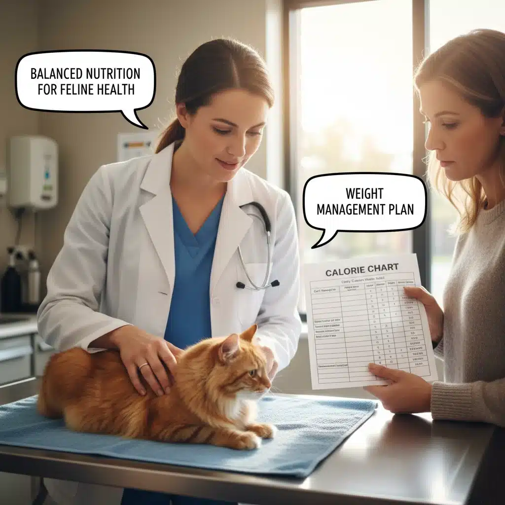 Veterinarian consulting owner about cat diet plan and calorie intake for weight management.